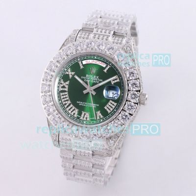 Swiss Quality Replica Rolex Day Date Silver Diamonds Watch Green Dial